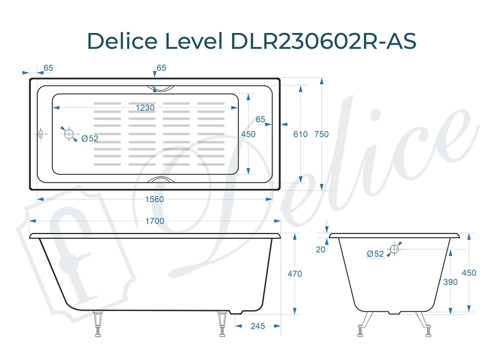 Ванна чугунная Delice Level 170х75 DLR230602R-AS с отверстиями под ручки и антискользящим покрытием от магазина Vanna-Vanna.ru!