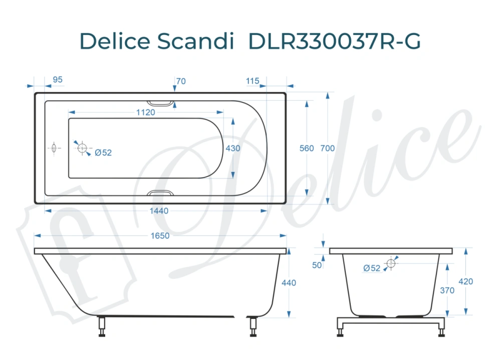 Ванна из литьевого мрамора Delice Scandi 165х70 глянцевая с ручками Хром DLR330037R-G от магазина Vanna-Vanna.ru!