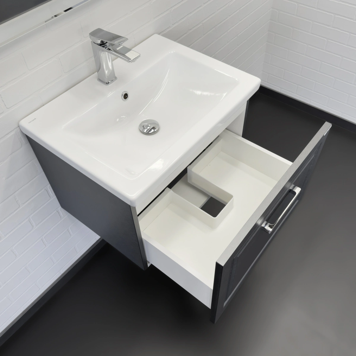Тумба подвесная Comforty Бросно-60П оружейная сталь с раковиной Como 60 от магазина Vanna-Vanna.ru!