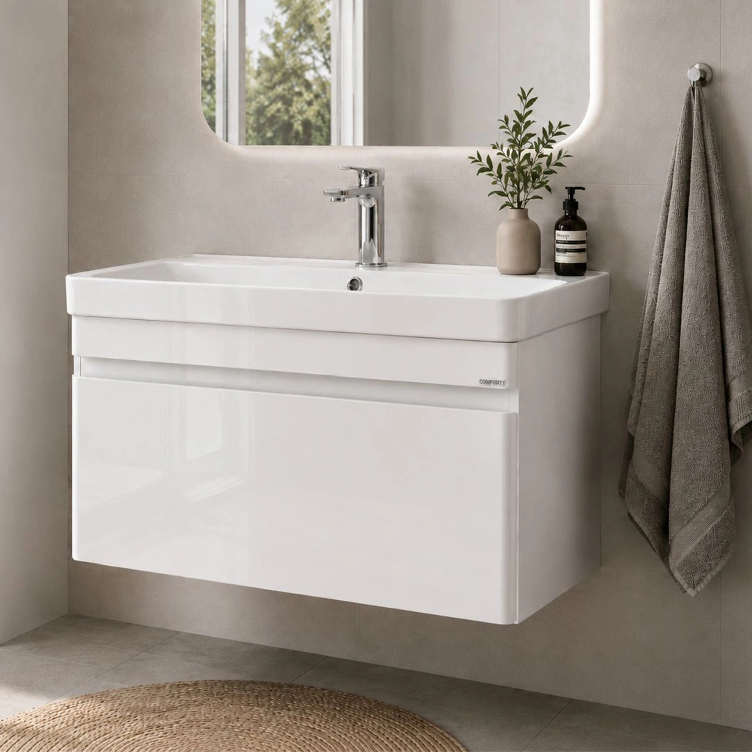 Тумба подвесная Comforty Енисей-80П белый глянец с раковиной 4480 от магазина Vanna-Vanna.ru!