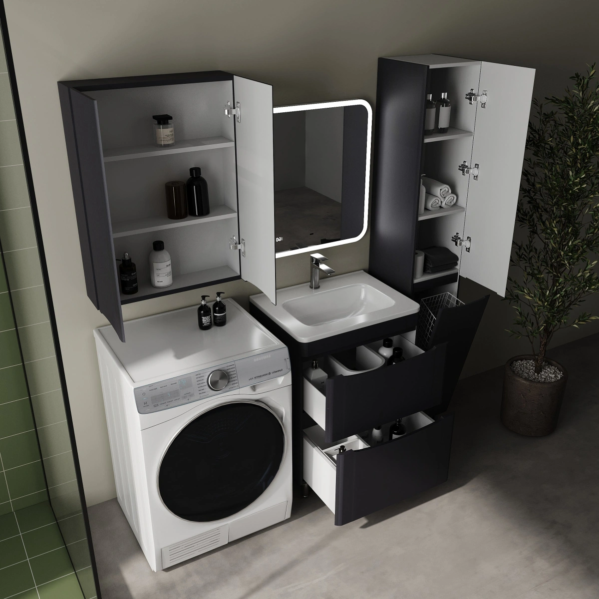 Шкаф-пенал Style Line Бергамо R с корзиной, антискрейтч графит матовый от магазина Vanna-Vanna.ru!