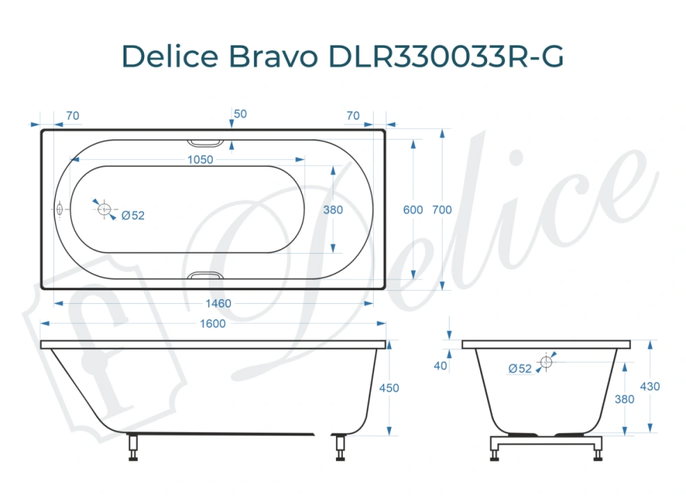 Ванна из литьевого мрамора Delice Bravo 160х70 глянцевая с ручками Хром DLR330033R-G от магазина Vanna-Vanna.ru!