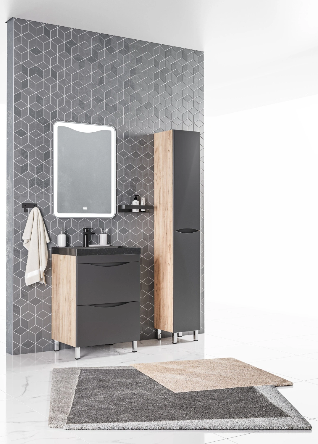 Тумба напольная Corozo Лиана 80 с раковиной Сомо 80, дуб/графит от магазина Vanna-Vanna.ru!