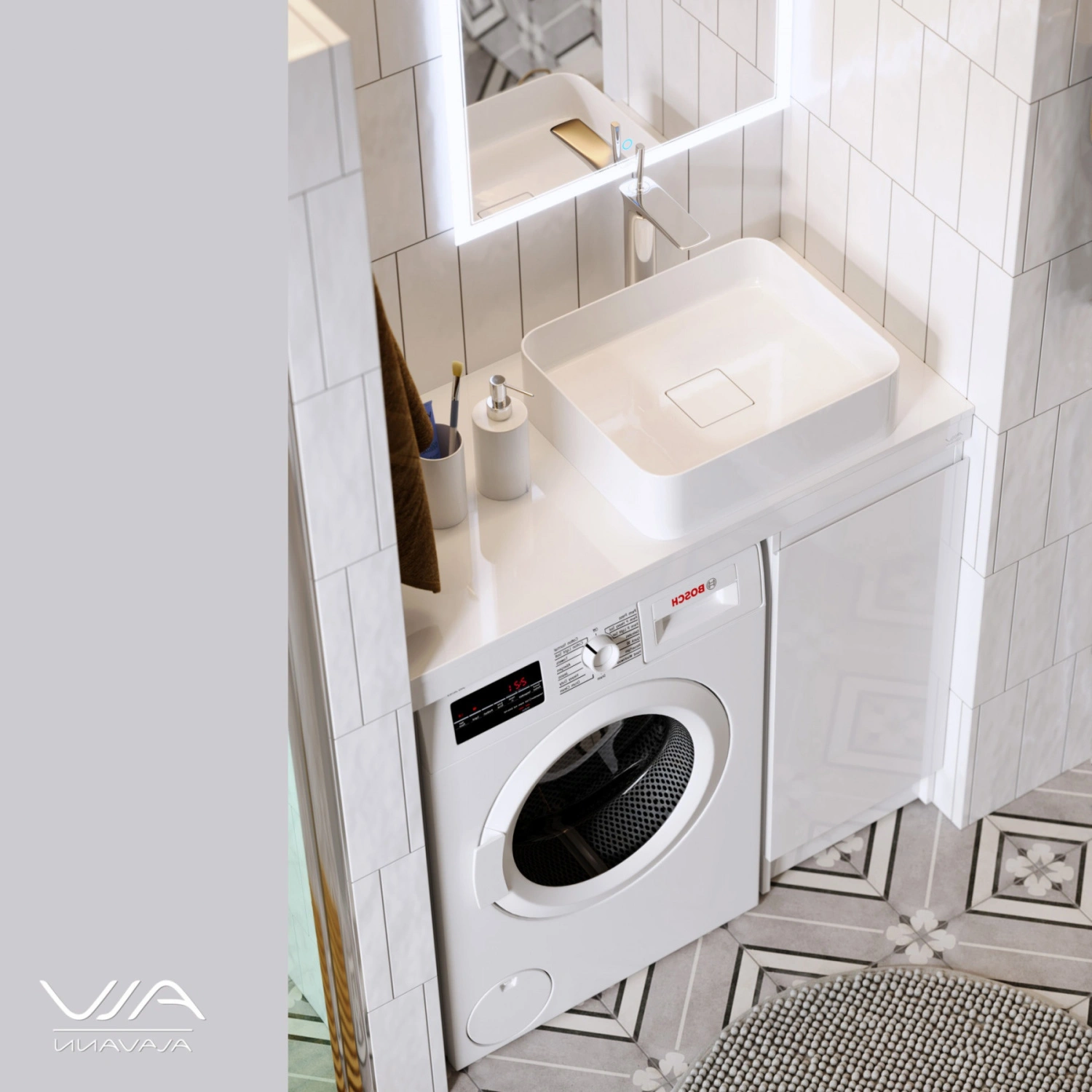 Тумба 36 со столешницей Мдф Alavann Soft 100 и раковиной Купер 56, R правая, под стиральную машину, белая от магазина Vanna-Vanna.ru!