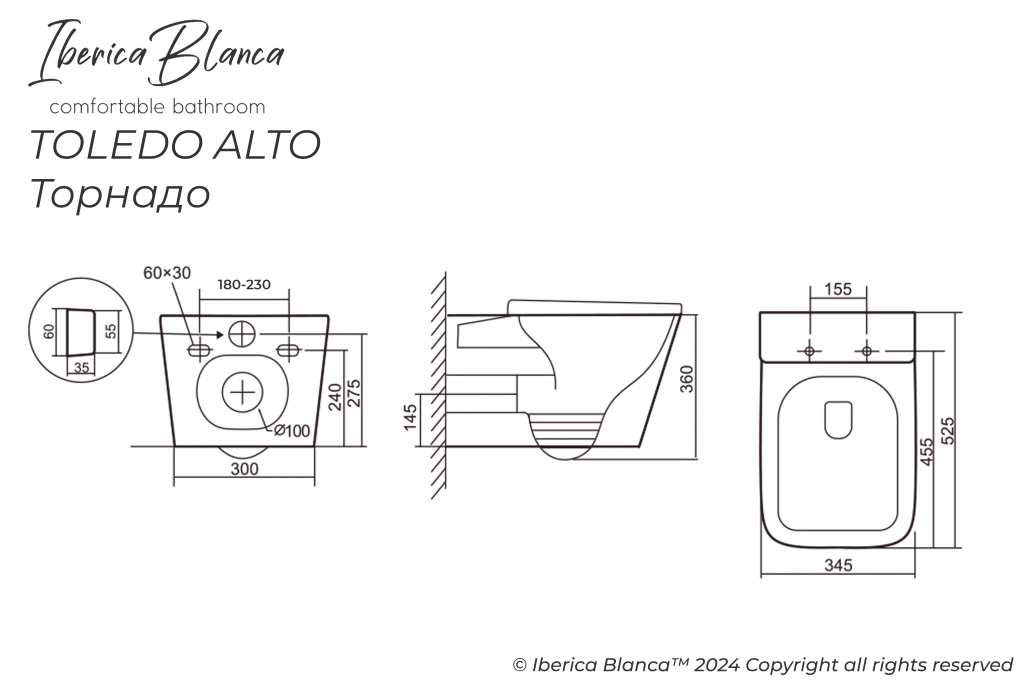 Комплект 3в1 IBERICA BLANCA инсталляция SILENCIO, унитаз TOLEDO ALTO белый, кнопка смыва ESTI-R черный матовый (IB001.TLA.234.212)