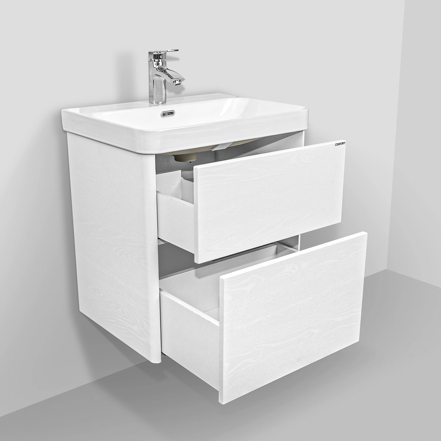 Тумба подвесная Comforty Сенеж-60 ясень белёный с раковиной CF19595BX-60 от магазина Vanna-Vanna.ru!