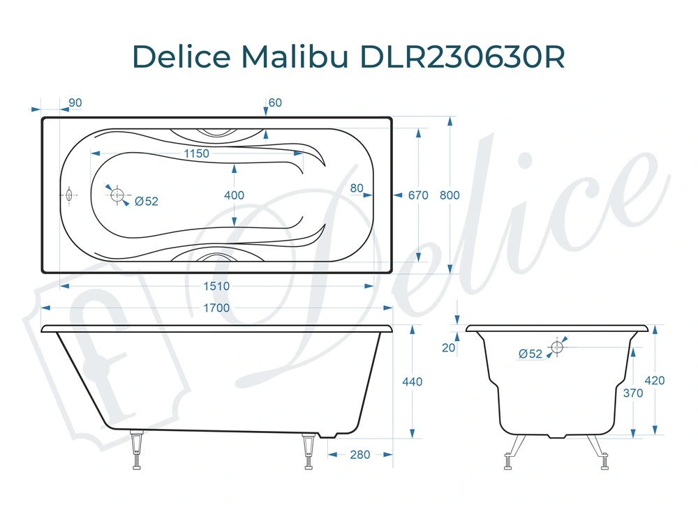 Ванна чугунная Delice Malibu 170х80 DLR230630R с отверстиями под ручки от магазина Vanna-Vanna.ru!