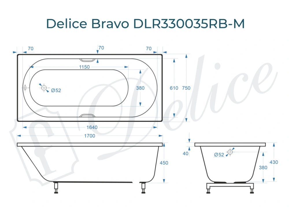 Ванна из литьевого мрамора Delice Bravo 170х75 матовая с черными ручками DLR330035RB-M от магазина Vanna-Vanna.ru!