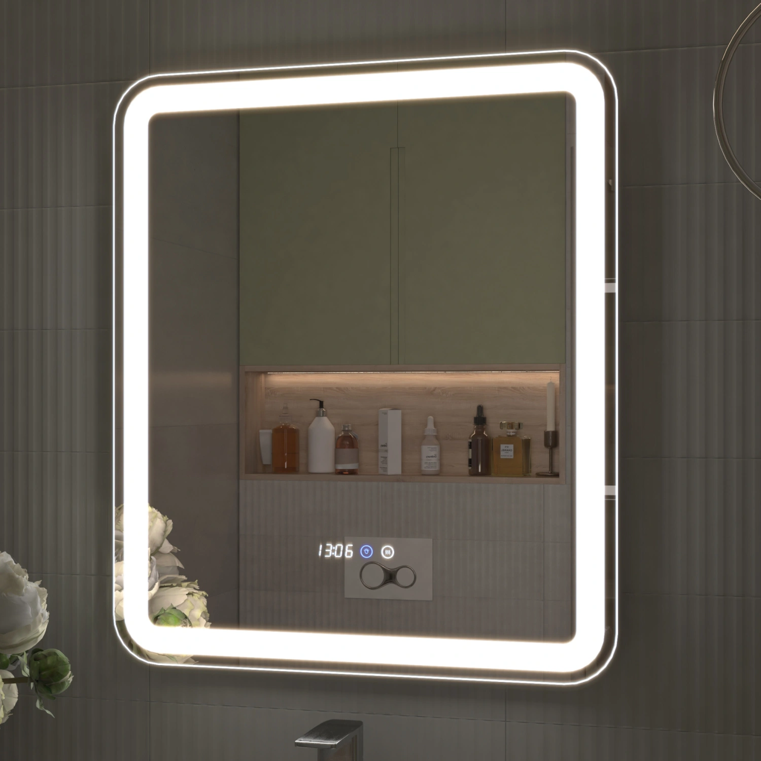 Зеркало Grani Luxe 60 с часами, свет, сенсор, белый от магазина Vanna-Vanna.ru!
