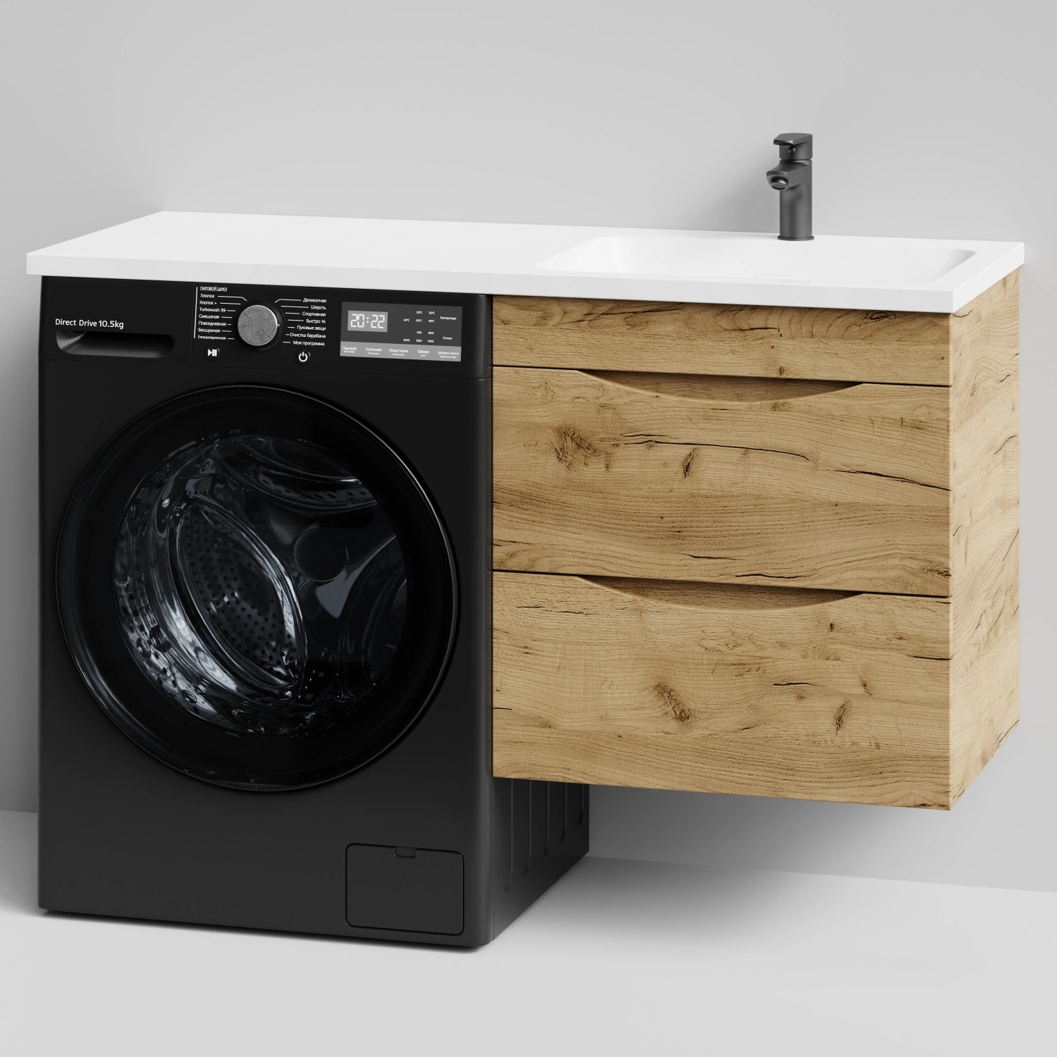Тумба Vod-ok 68 с раковиной Смайл 130 подвесная, под стиральную машину, правая, Дуб Тортуга