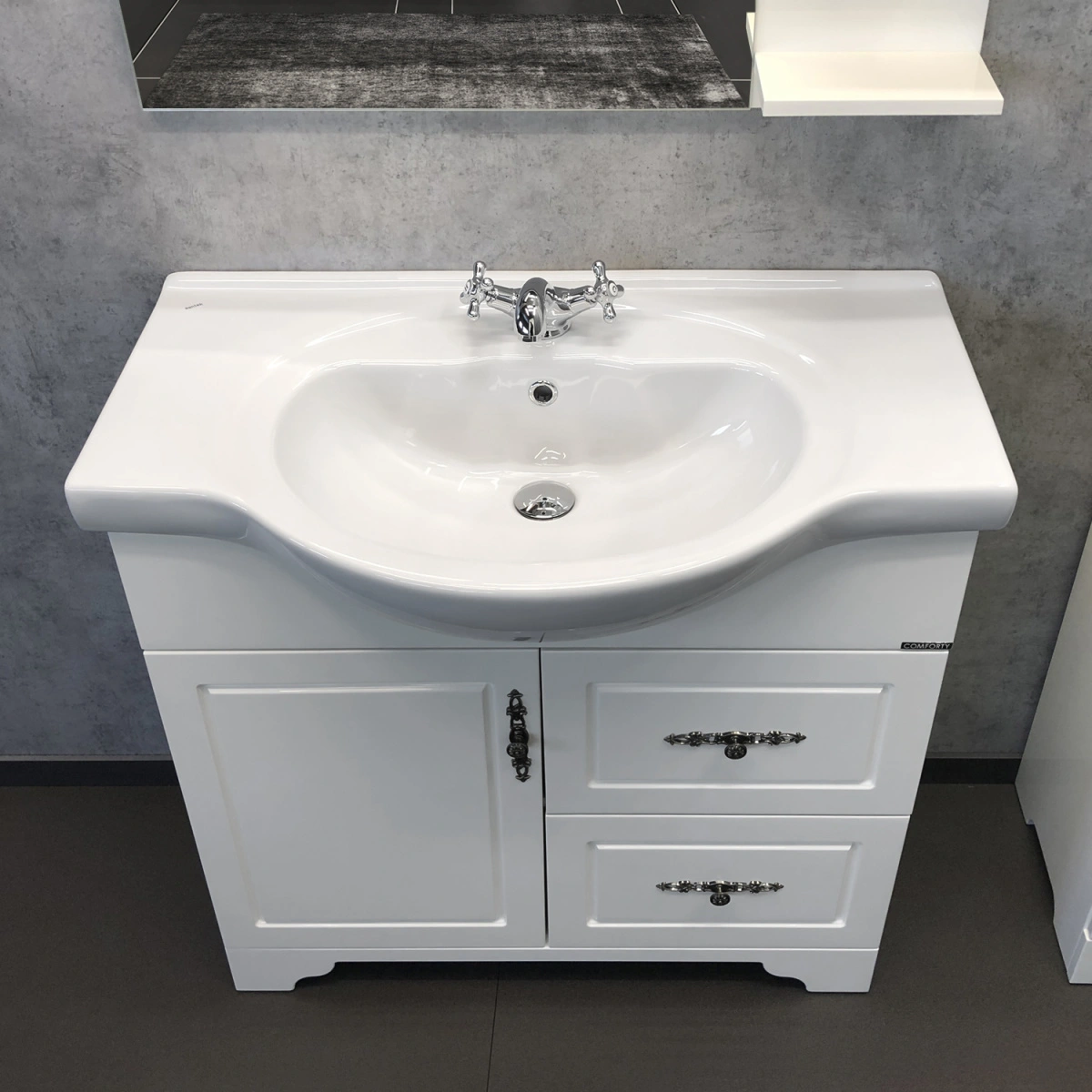 Тумба напольная Comforty Севилья-85 слоновая кость с раковиной Сенеж 87 от магазина Vanna-Vanna.ru!