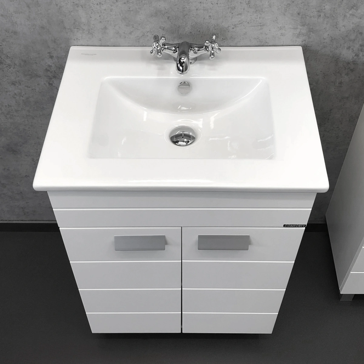 Тумба напольная Comforty Модена 60М белая с раковиной Квадро 60 от магазина Vanna-Vanna.ru!