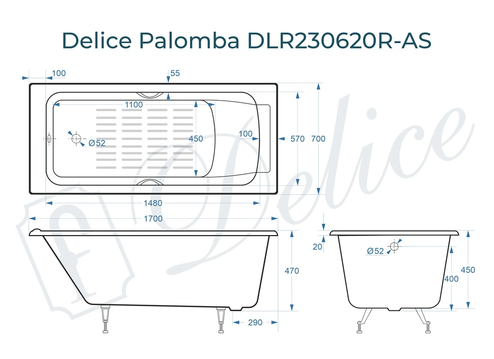 Ванна чугунная Delice Palomba 170х70 DLR230620R-AS с отверстиями под ручки и антискользящим покрытием от магазина Vanna-Vanna.ru!