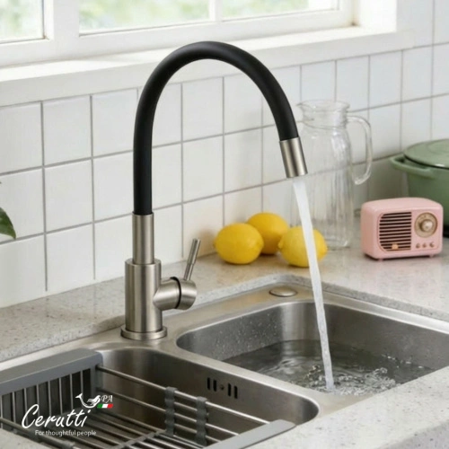 Cмеситель для кухни Ceruttispa Атэна BN-B (ATENA BN-B) из нержавеющей стали, цвет матовый никель, излив черный от магазина Vanna-Vanna.ru!