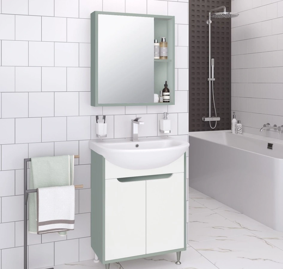 Тумба напольная Runo Эконова с раковиной Уют 50, 2 двери, бирюзово-белый