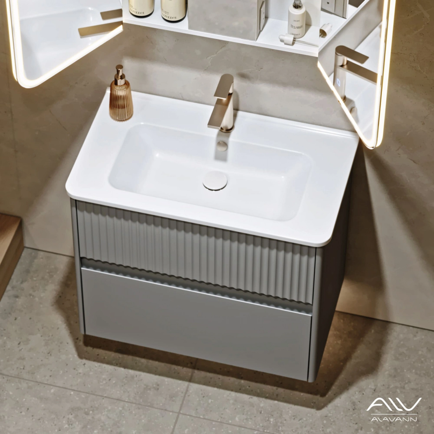 Тумба подвесная Alavann Wave 80 с раковиной Nikson 80, голубой деним от магазина Vanna-Vanna.ru!