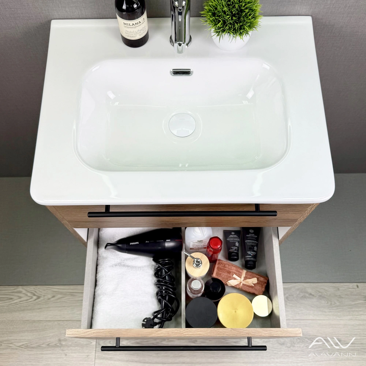 Тумба подвесная Alavann Rondo 60 с раковиной Rado 60, дуб от магазина Vanna-Vanna.ru!