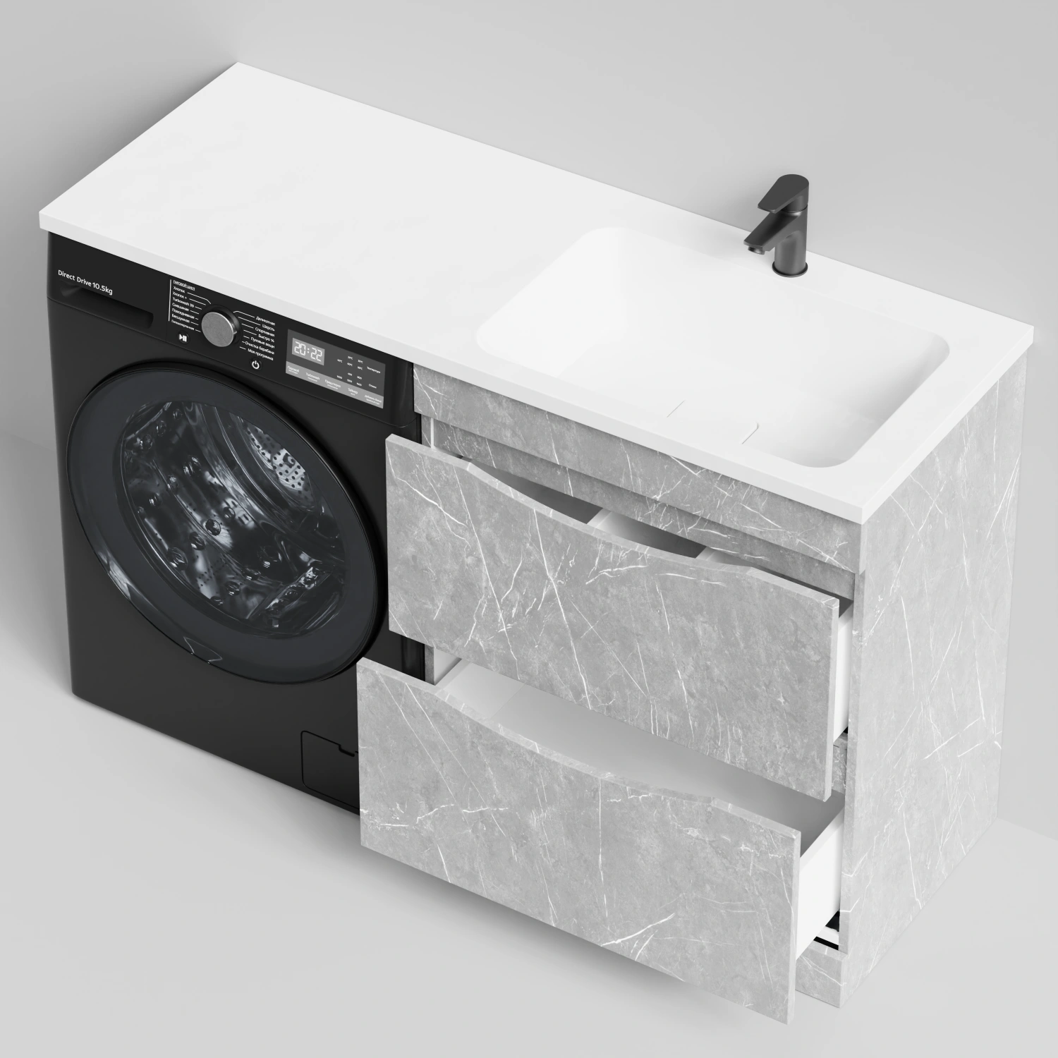 Тумба Vod-ok 68 с раковиной Смайл 130 напольная, под стиральную машину, правая, Мрамор Белый софт тач от магазина Vanna-Vanna.ru!