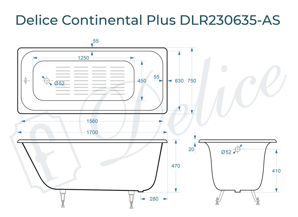 Ванна чугунная Delice Continental PLUS 170х75 DLR230635-AS с антискользящим покрытием от магазина Vanna-Vanna.ru!