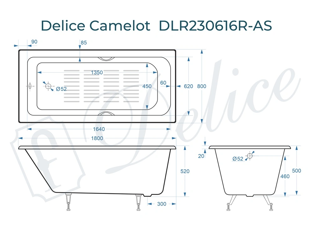 Ванна чугунная Delice Camelot 180х80 DLR230616R-AS с отверстиями под ручки и антискользящим покрытием от магазина Vanna-Vanna.ru!