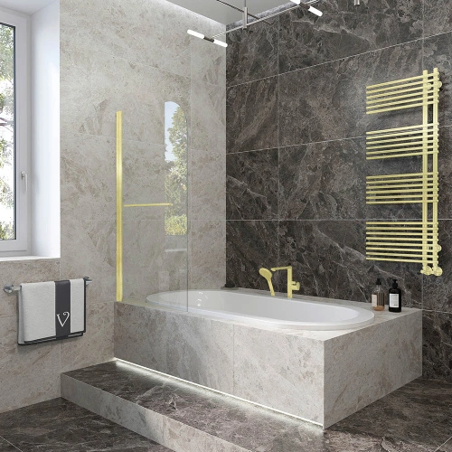 Шторка на ванну Veconi Palau PL-79G, 80x150, брашированное золото, стекло прозрачное от магазина Vanna-Vanna.ru!