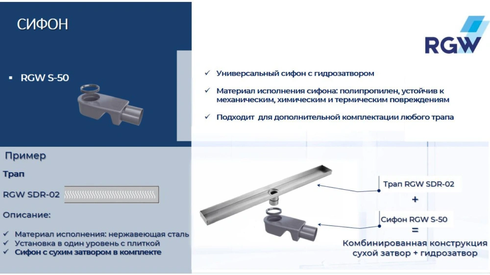 Сифон RGW S-50 50 мм для трапов от магазина Vanna-Vanna.ru!
