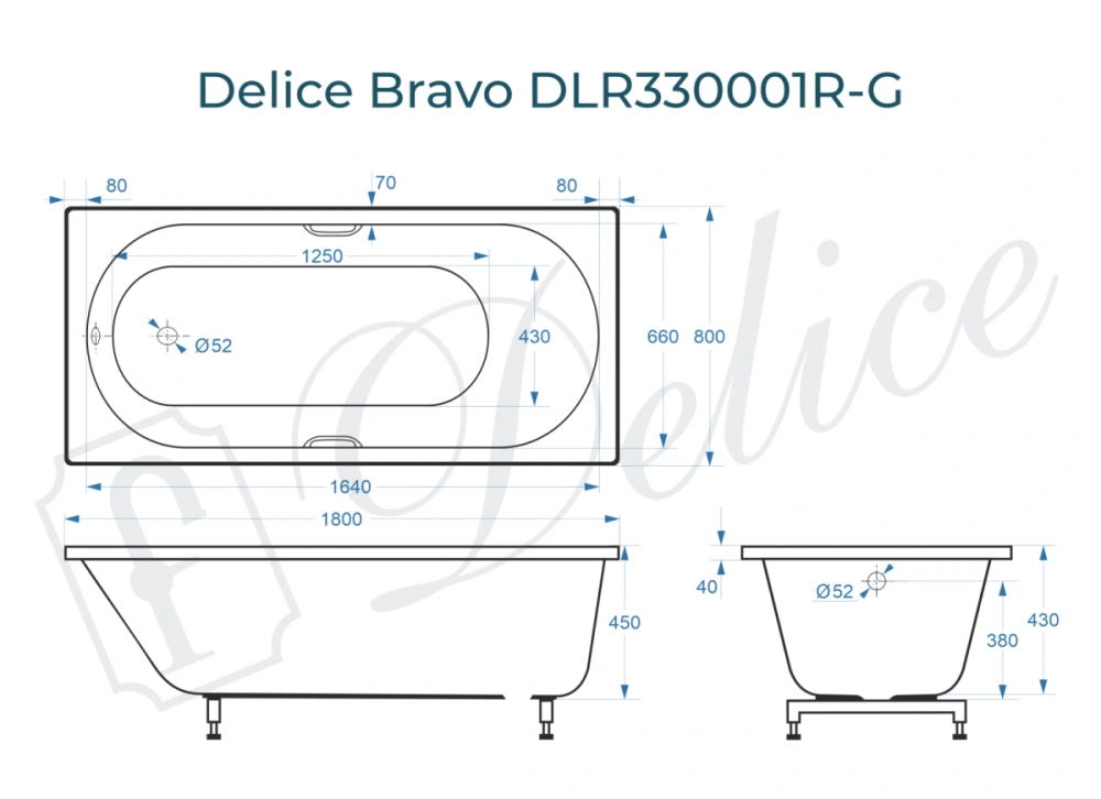 Ванна из литьевого мрамора Delice Bravo 180х80 глянцевая с ручками Хром DLR330001R-G от магазина Vanna-Vanna.ru!