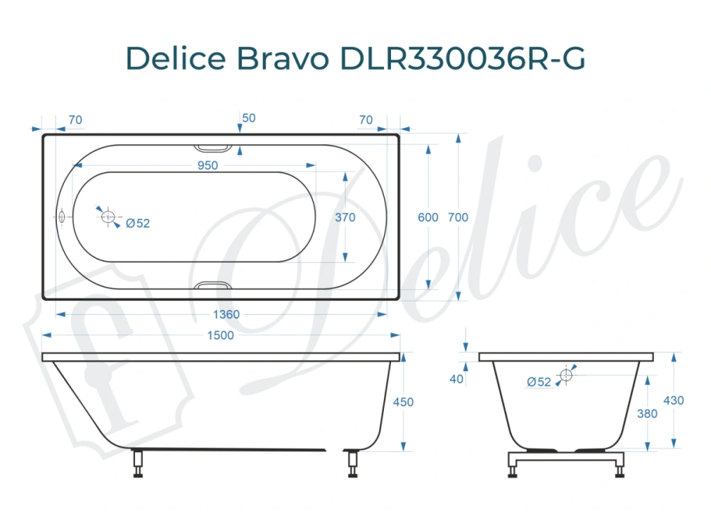 Ванна из литьевого мрамора Delice Bravo 150х70 глянцевая с черными ручками DLR330036RB-G от магазина Vanna-Vanna.ru!