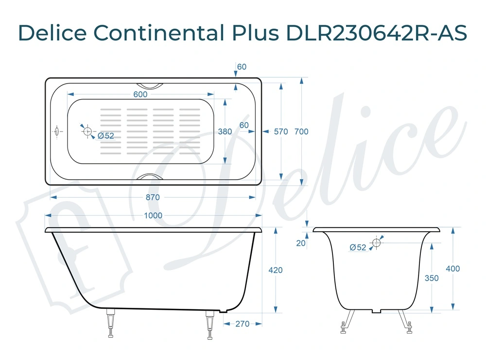 Ванна чугунная Delice Continental PLUS 100х70 DLR230642R-AS с отверстиями под ручки и антискользящим покрытием от магазина Vanna-Vanna.ru!