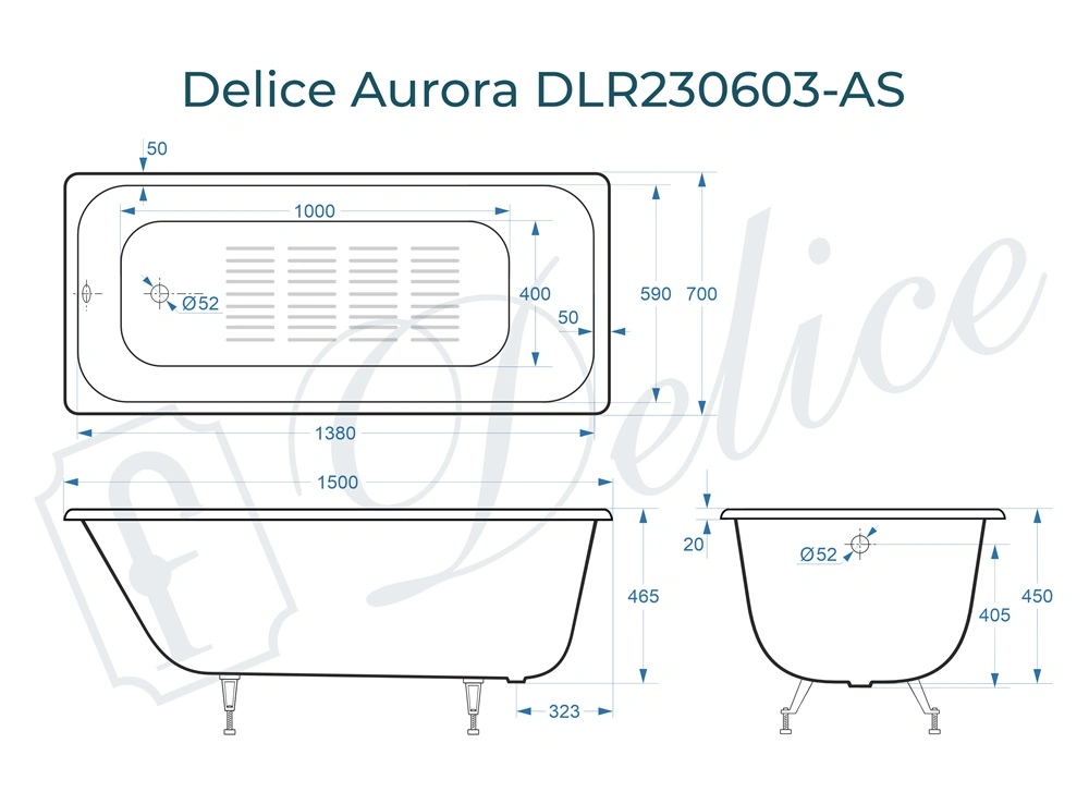 Ванна чугунная Delice Aurora 150х70 DLR230603-AS с антискользящим покрытием от магазина Vanna-Vanna.ru!