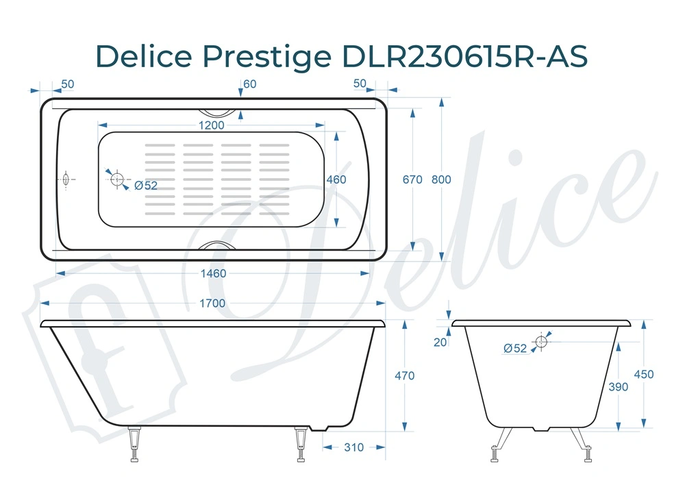 Ванна чугунная Delice Prestige 170х80 DLR230615R-AS с отверстиями под ручки и антискользящим покрытием от магазина Vanna-Vanna.ru!