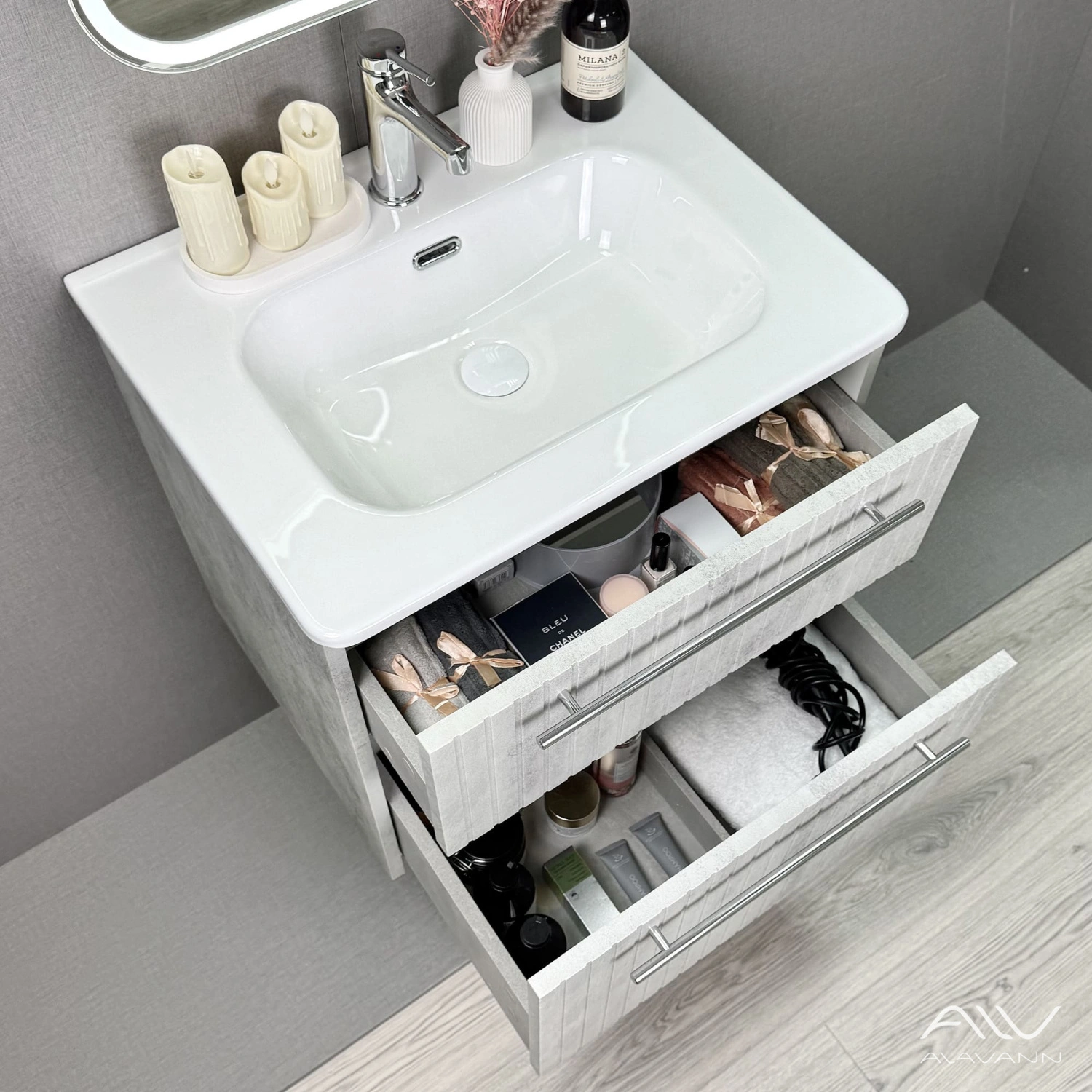 Тумба подвесная Alavann Emma 60 с раковиной Rado 60, серый бетон