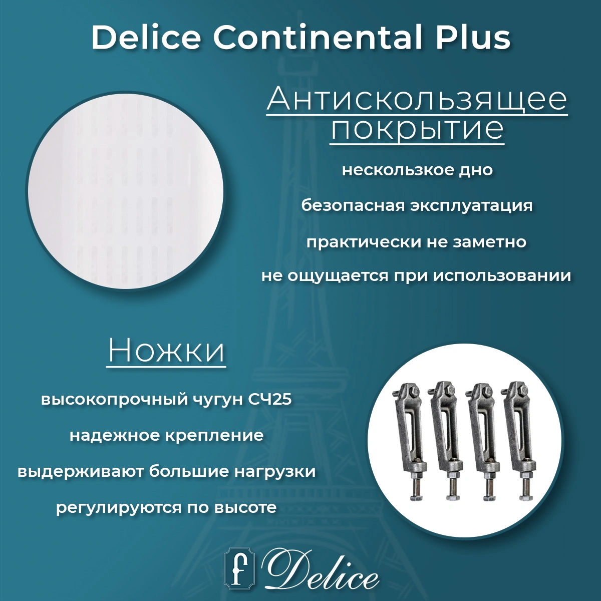 Ванна чугунная Delice Continental PLUS 150х70 DLR230633-AS с антискользящим покрытием от магазина Vanna-Vanna.ru!