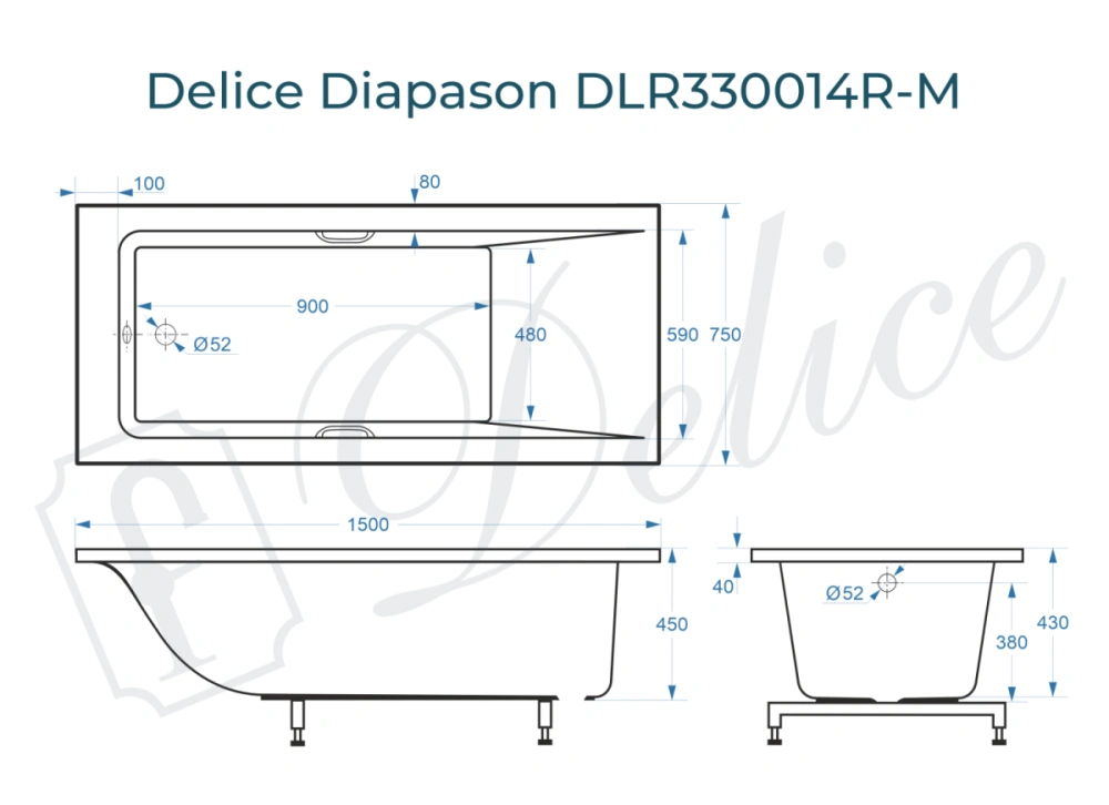 Ванна из литьевого мрамора Delice Diapason 150х75 матовая с ручками Хром DLR330014R-M от магазина Vanna-Vanna.ru!