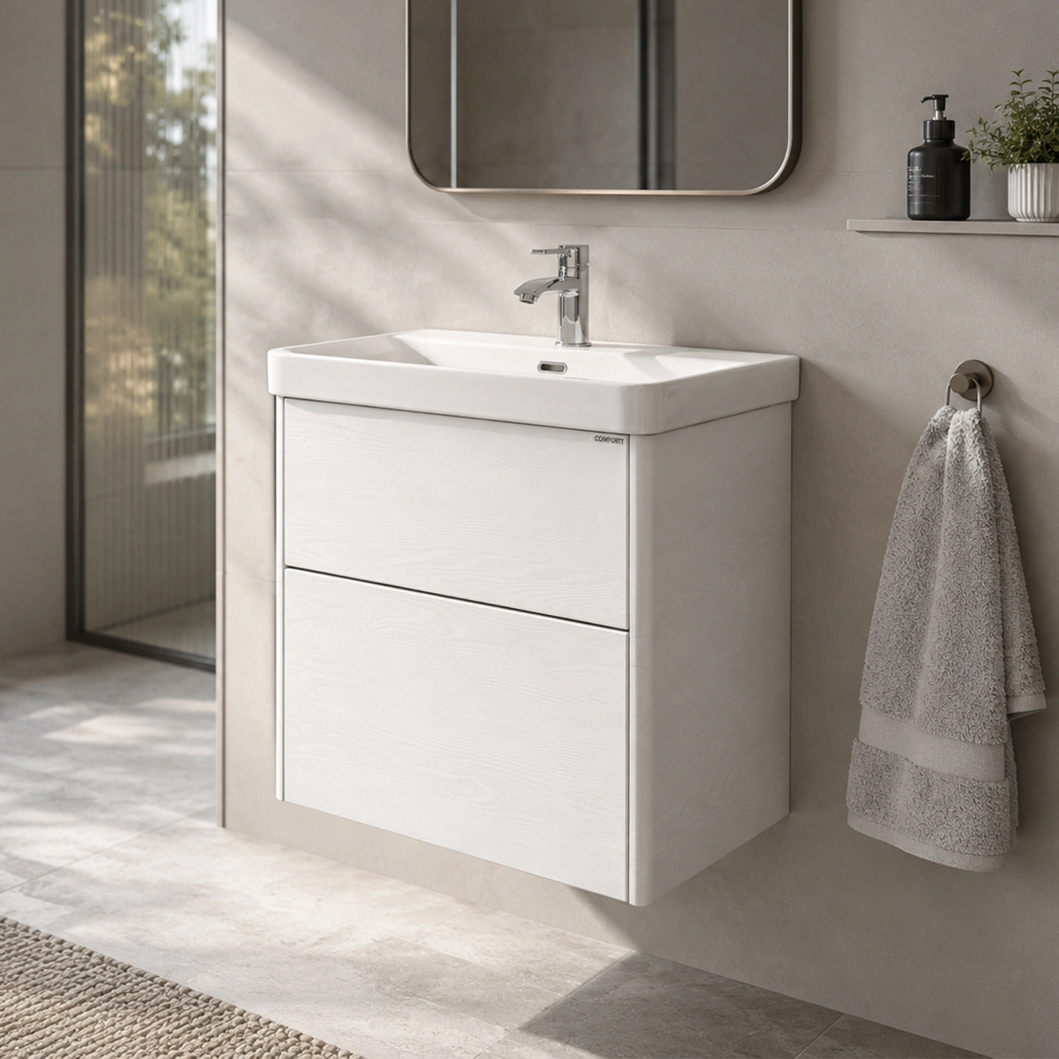 Тумба подвесная Comforty Сенеж-60 ясень белёный с раковиной CF19595BX-60 от магазина Vanna-Vanna.ru!