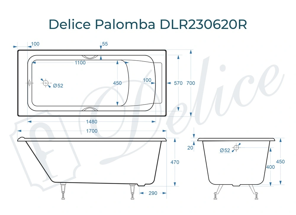 Ванна чугунная Delice Palomba 170х70 DLR230620R с отверстиями под ручки от магазина Vanna-Vanna.ru!
