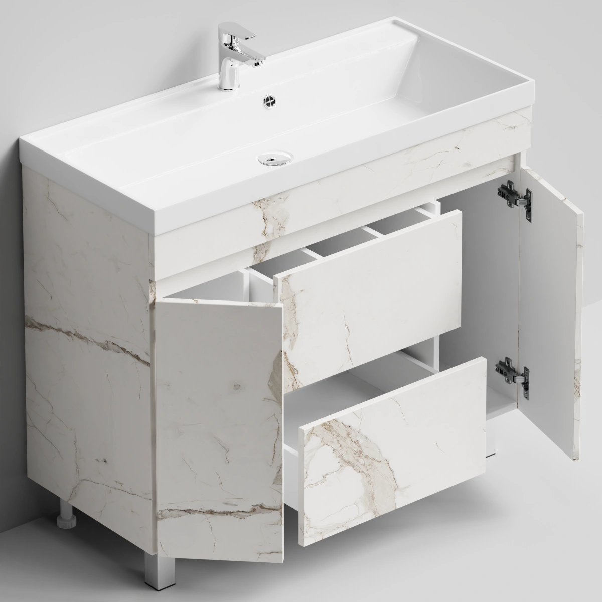 Тумба с раковиной Vod-ok Бест 100 (2 ящика, 2 двери) напольная, Мрамор Белый натур милк от магазина Vanna-Vanna.ru!