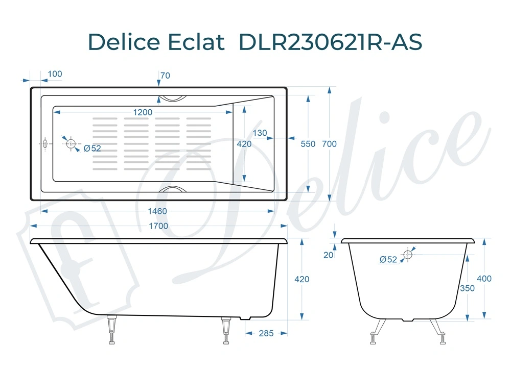 Ванна чугунная Delice Eclat 170х70 DLR230621R-AS с отверстиями под ручки и антискользящим покрытием от магазина Vanna-Vanna.ru!