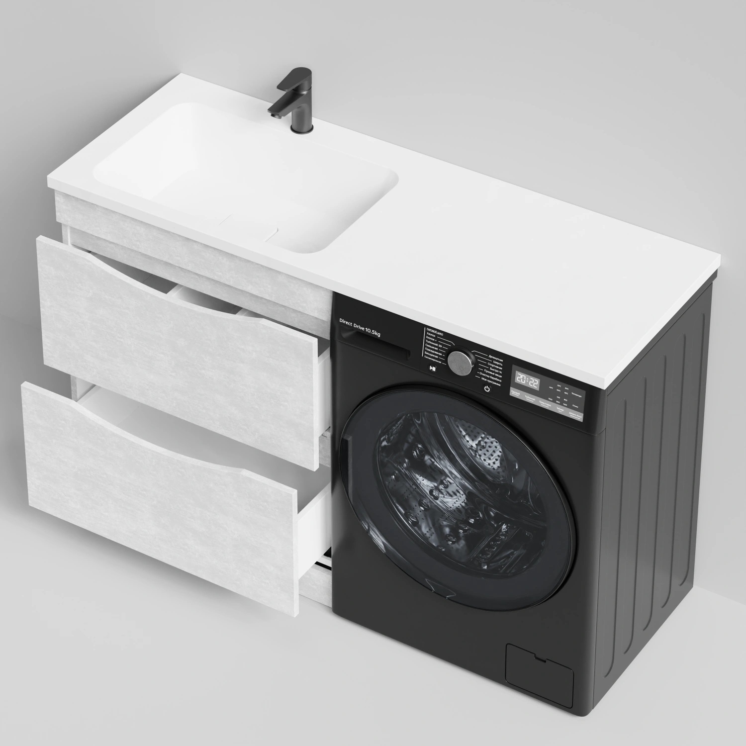 Тумба Vod-ok 68 с раковиной Смайл 130 напольная, под стиральную машину, левая, Белый камень