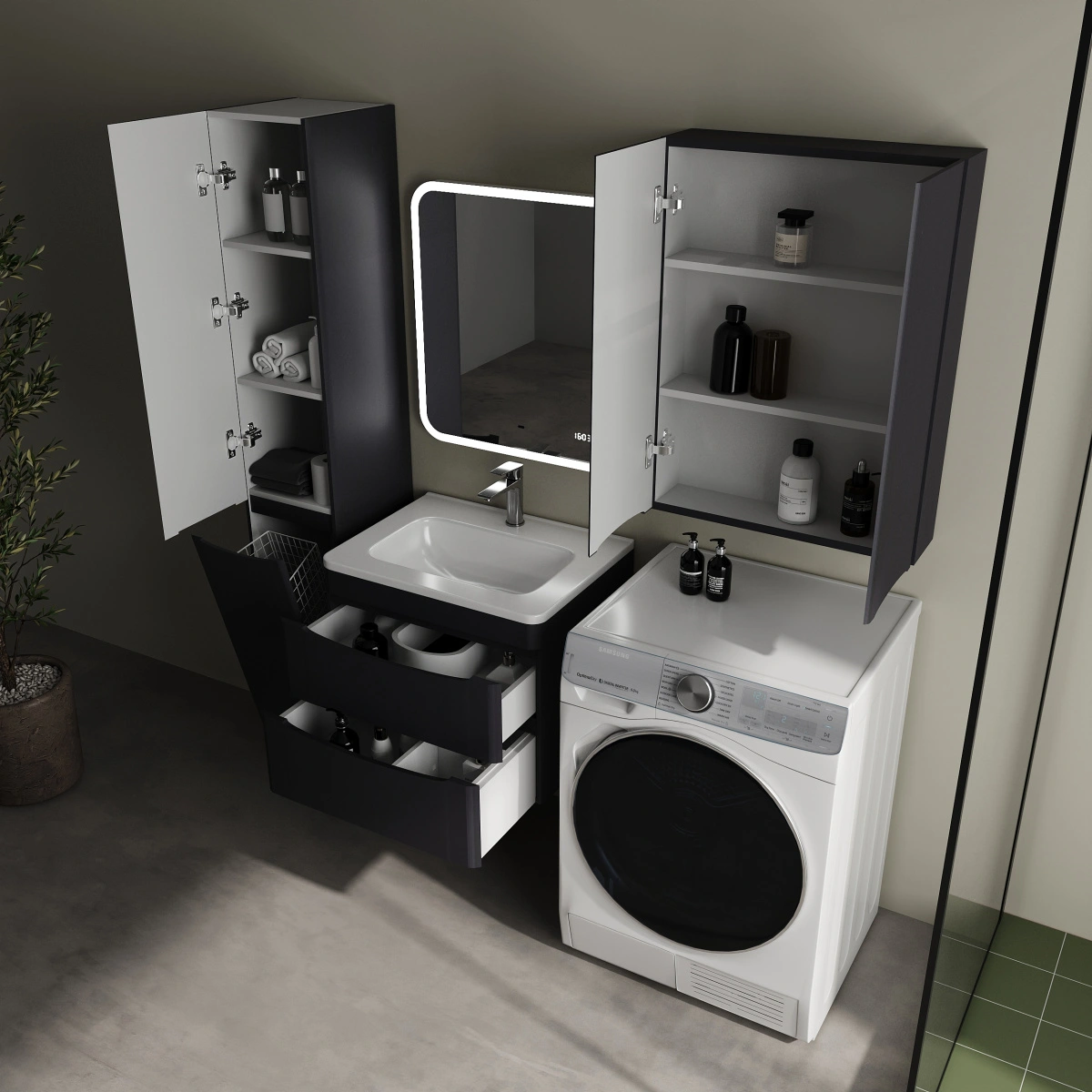 Тумба подвесная Style Line Бергамо мини 60 (2 ящ.) антискрейтч графит матовый с раковиной Каре Люкс МИНИ 600х350 от магазина Vanna-Vanna.ru!
