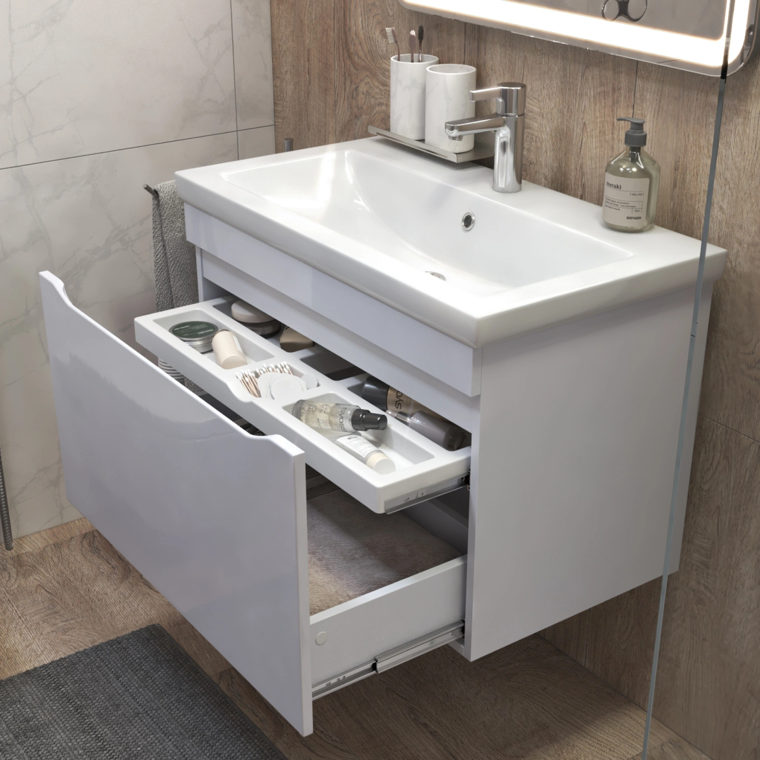 Тумба подвесная Vigo Grani 800-0-1 с раковиной Como 80, 1 ящик, белый от магазина Vanna-Vanna.ru!