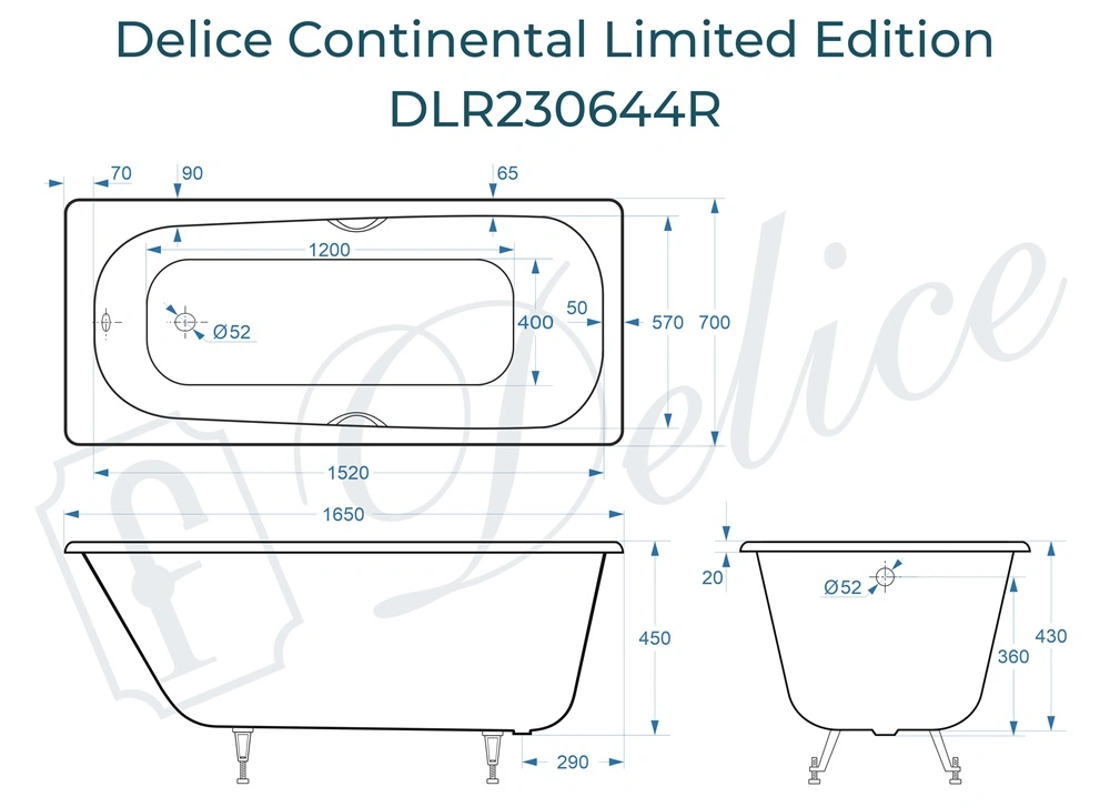 Ванна чугунная Delice Continental Limited Edition 165х70 DLR230644R с отверстиями под ручки от магазина Vanna-Vanna.ru!