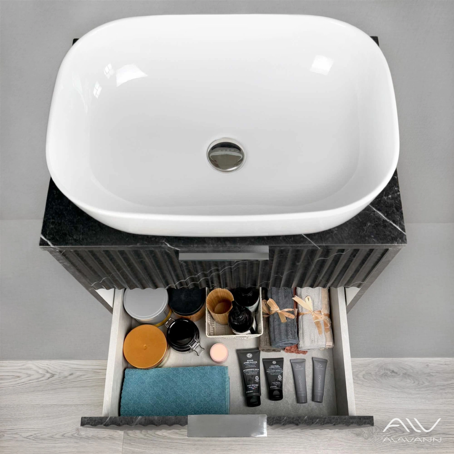 Тумба подвесная Alavann Anna 60 с раковиной Moduo 50 SQUARE, черный мрамор от магазина Vanna-Vanna.ru!