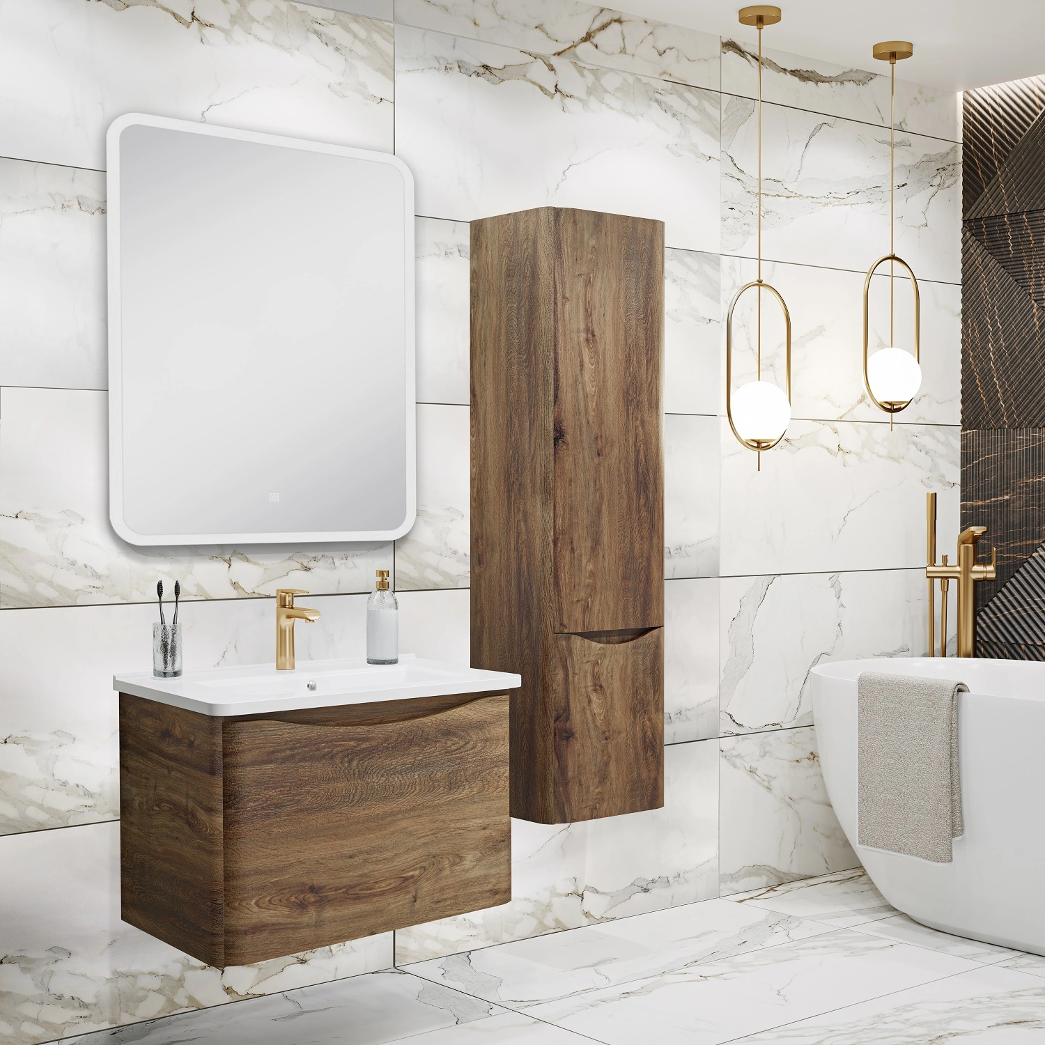 Тумба подвесная Runo Тоскана 60 с раковиной Никсон 60, темное дерево от магазина Vanna-Vanna.ru!