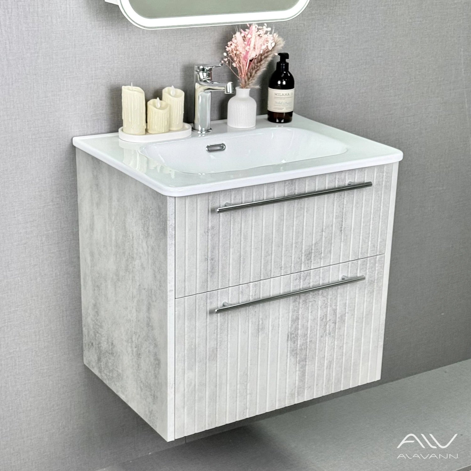 Тумба подвесная Alavann Emma 60 с раковиной Rado 60, серый бетон