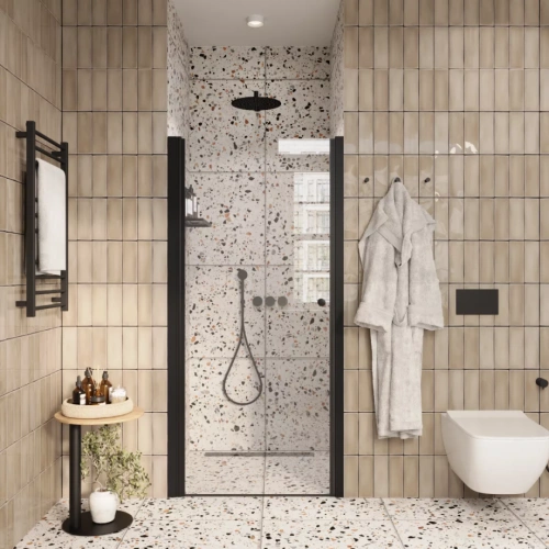 Душевая дверь Parly DE90B 90х185 в нишу, распашная, прозрачная с рисунком, профиль черный от магазина Vanna-Vanna.ru!