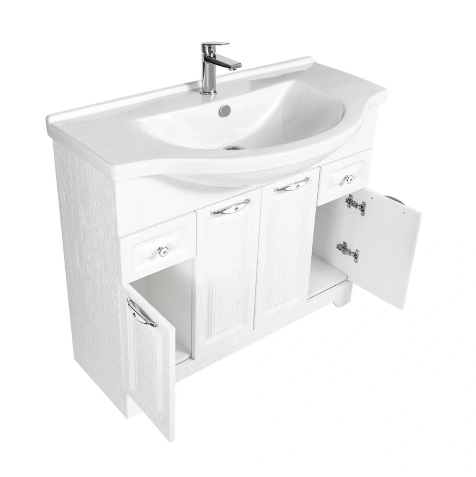 Тумба напольная Stella Polar Кармела 100 с раковиной Эльбрус 100, 2 ящ, 4 двери, Люкс белое серебро от магазина Vanna-Vanna.ru!