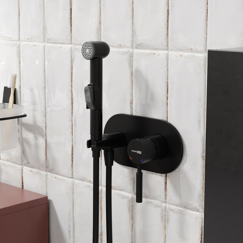 Смеситель с гигиеническим душем WasserKRAFT Gollach 3338 черный Soft-touch от магазина Vanna-Vanna.ru!