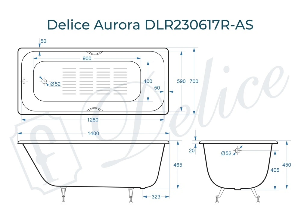 Ванна чугунная Delice Aurora 140х70 DLR230617R-AS с отверстиями под ручки и антискользящим покрытием от магазина Vanna-Vanna.ru!