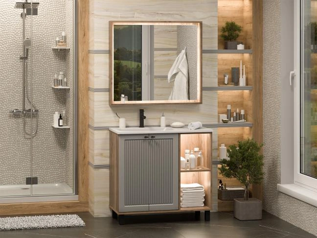 Тумба с раковиной Brevita Lumus 90 напольный, серый, темное дерево, L от магазина Vanna-Vanna.ru!